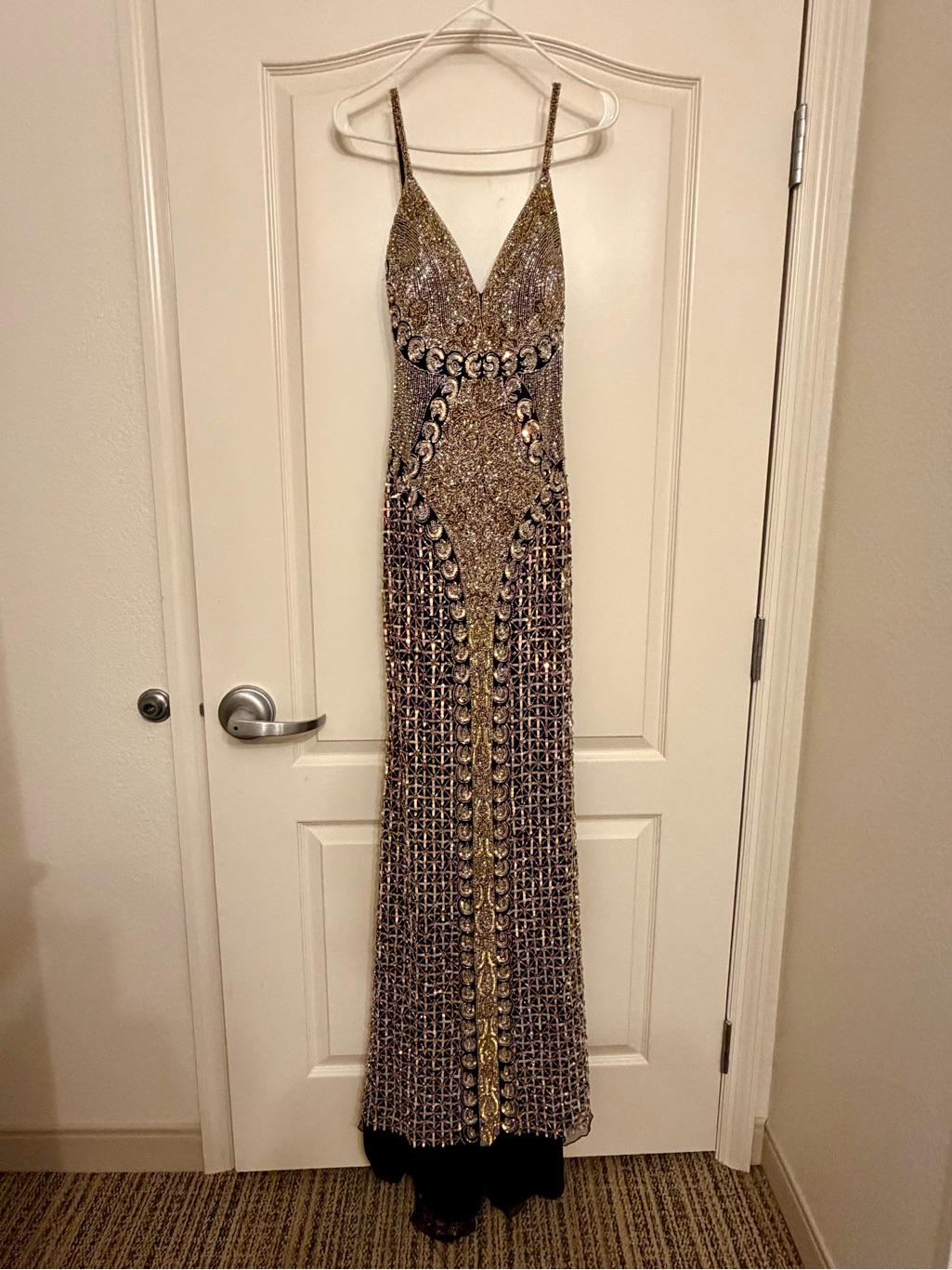 Jovani Gold Beaded Spaghetti-Strap Prom Gown